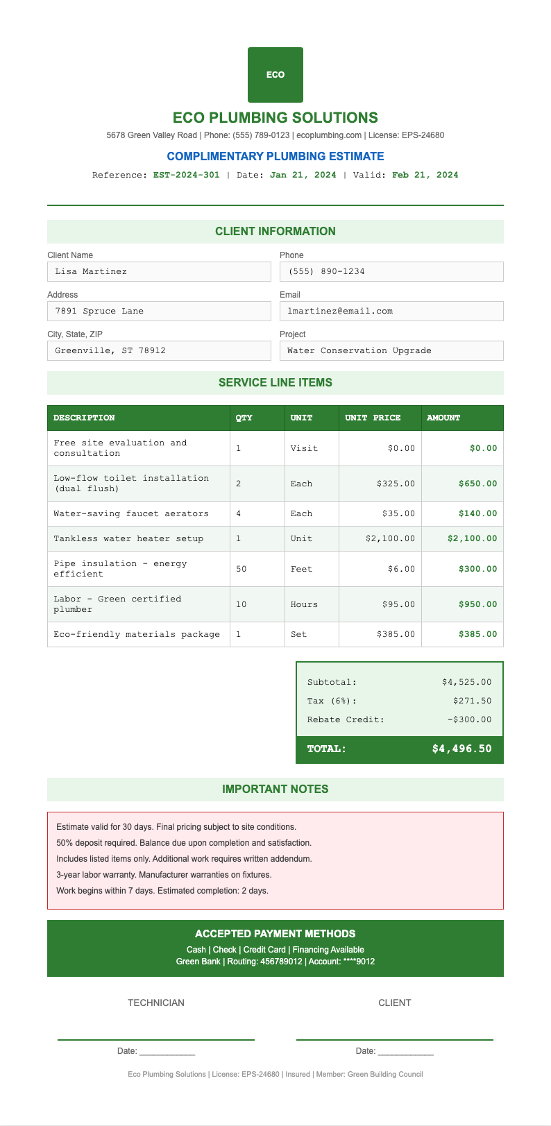 Medical Standard plumbing estimate document